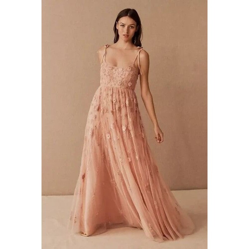 BHLDN Anthropologie New Lacie Gown Dress Peach Tulle Embroidered Beaded Maxi